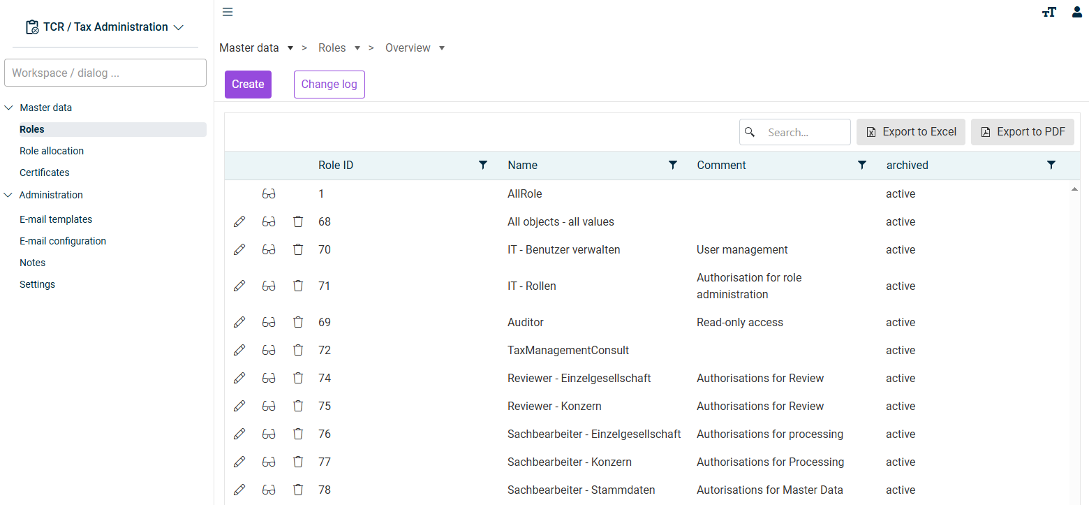 'Roles' workspace in Tax Administration