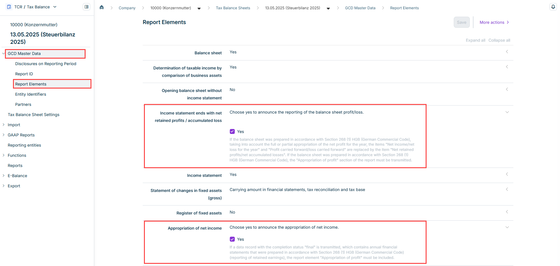 'Company / GCD Master Data / Report Elements' workspace with the entries 'Income statement ends with net retained profits / accumulated loss' and 'Appropriation of net income' set to Yes