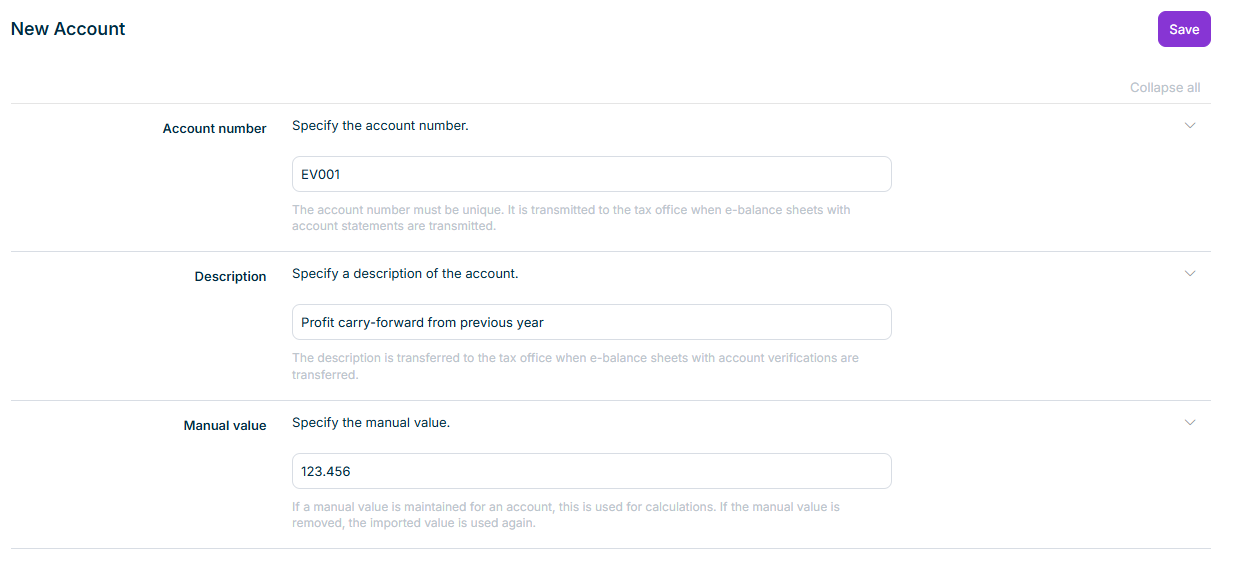 'New Account' dialog with a manually created account for the appropriation of net income