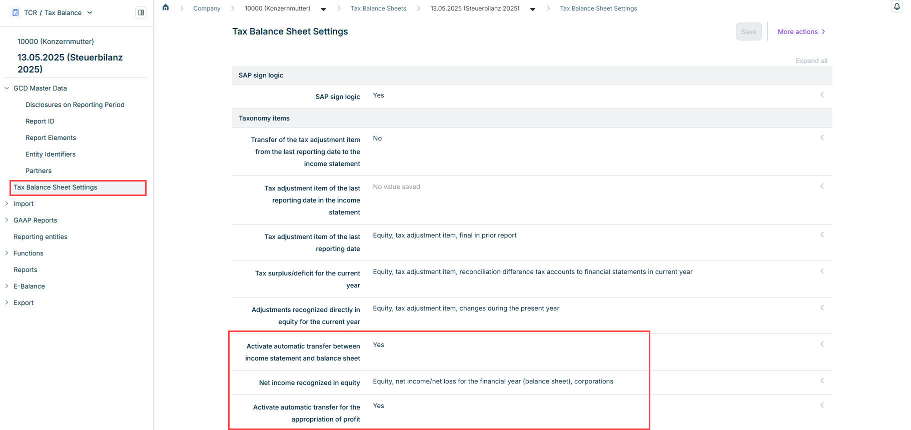 Section of the 'Tax Balance Sheet Settings / Taxonomy items' workspace with the options for the appropriation of net income highlighted in yellow