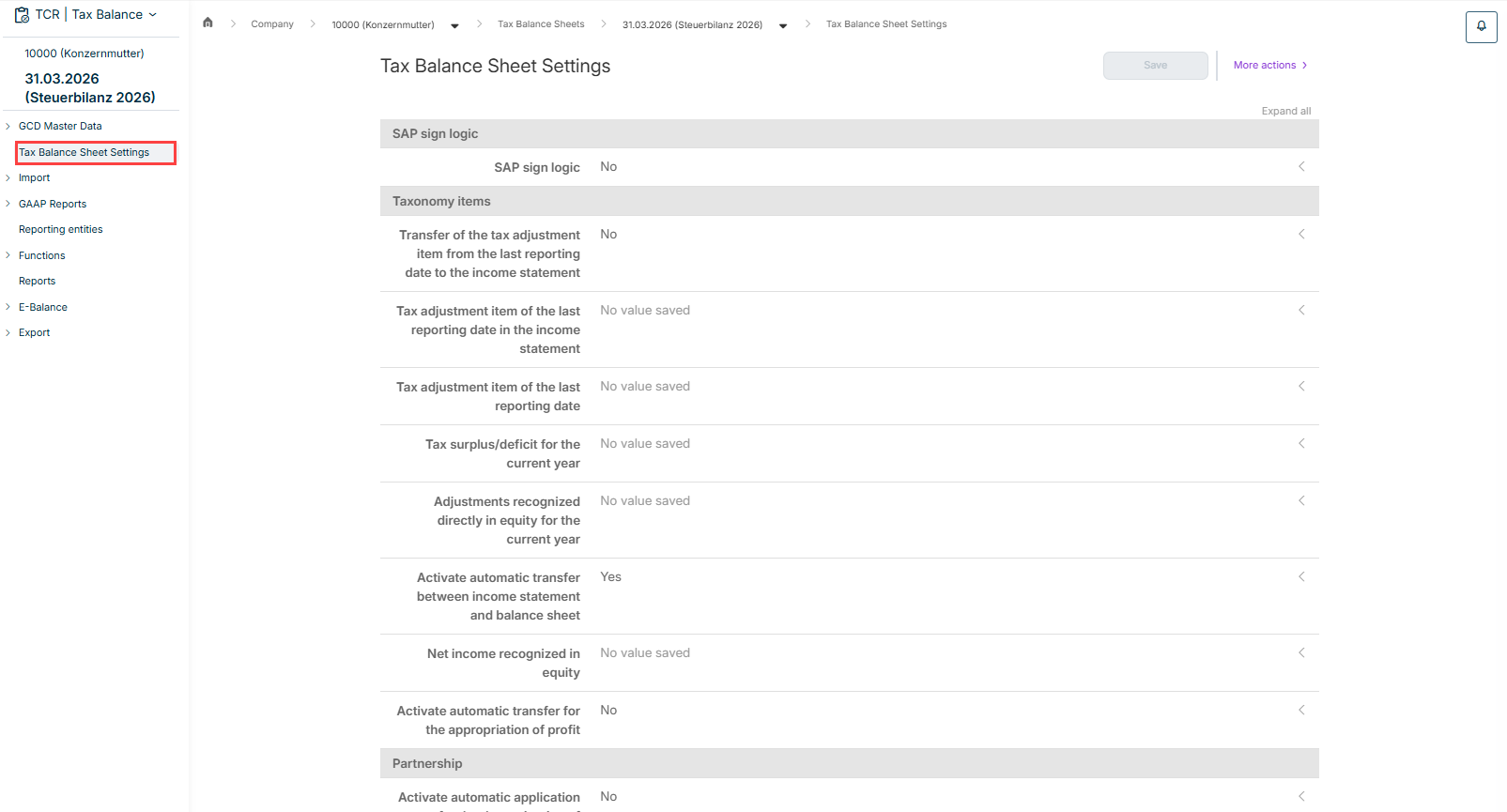 'Tax Balance Sheet Settings' workspace