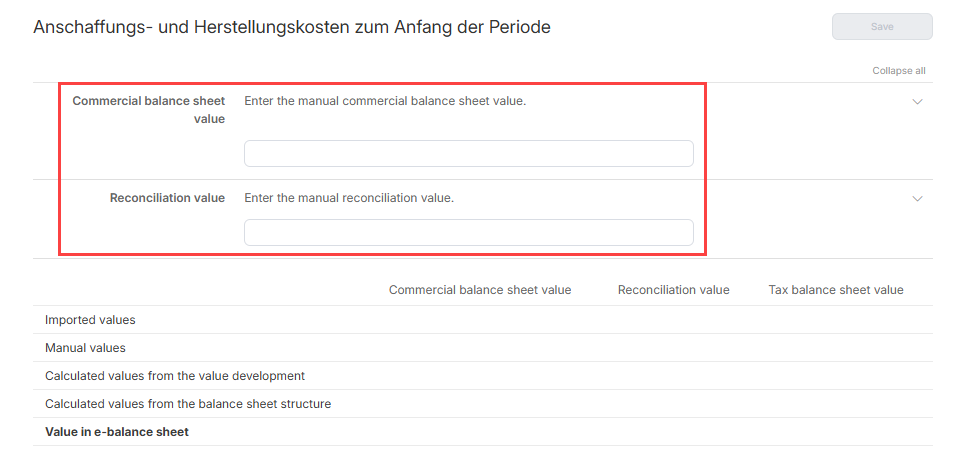 Editing values in the fixed asset schedule