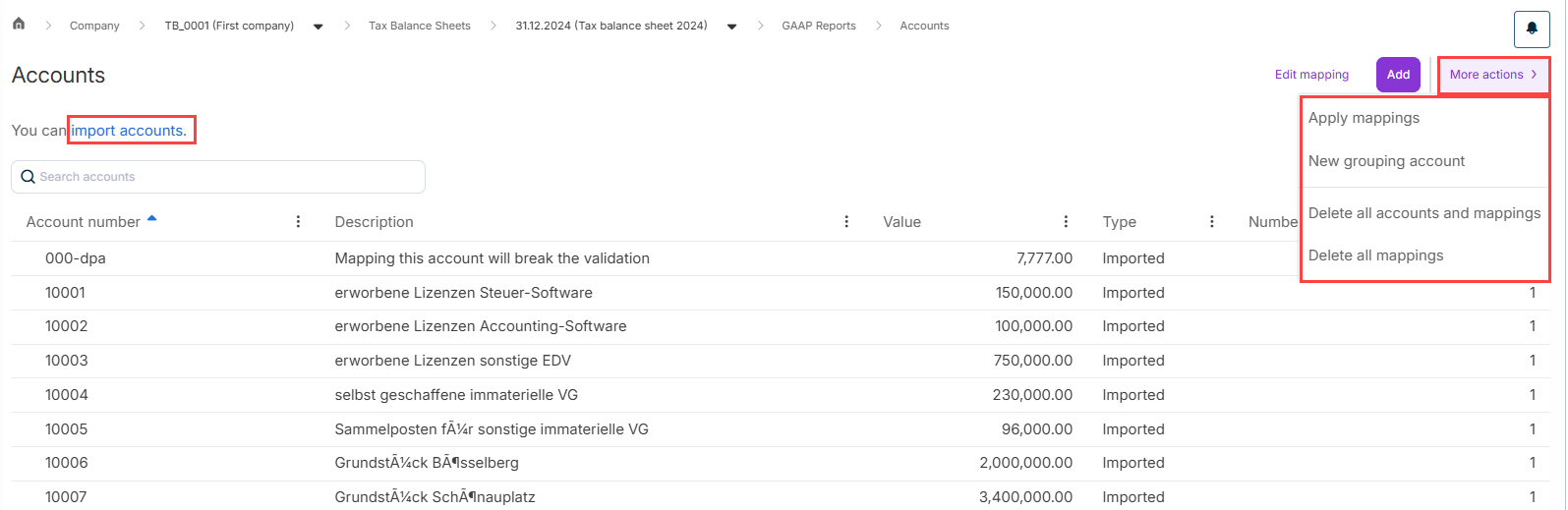 Shows the ‘Accounts’ workspace. Highlighted in red is the Import Accounts function, Add, and the ‘More Actions’ menu.