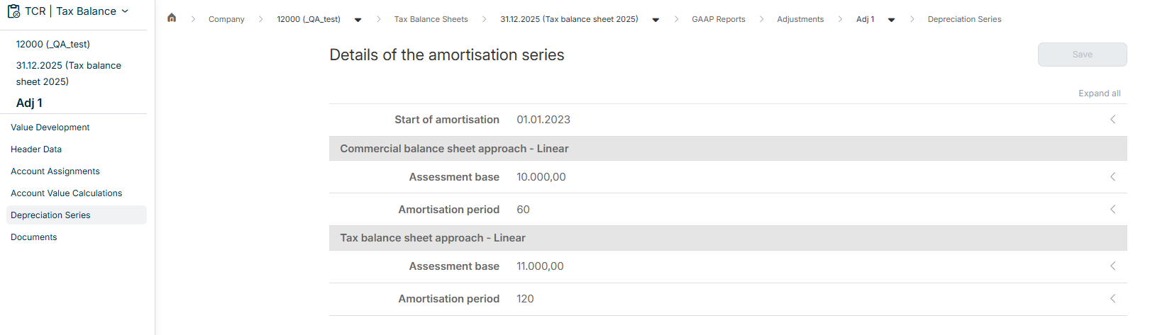 Shows the Depreciation series section for an adjustment.