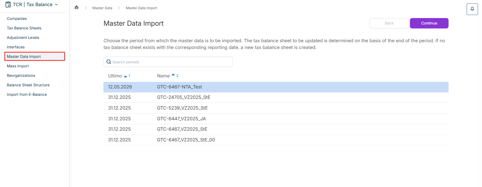 'Master Data Import' workspace