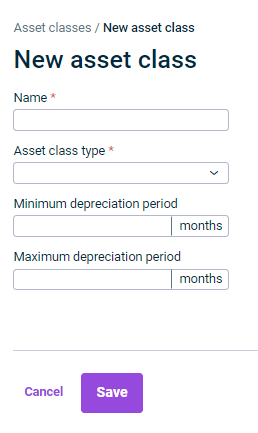 Displays the configuration fields of the 'New asset class' dialog.