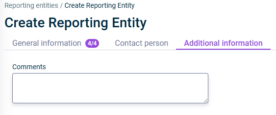 The tab for entering additional information for a reporting entity is displayed.