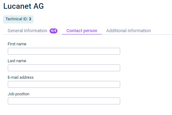 Shows the 'Contact person' tab that is displayed for configuring a reporting entity.