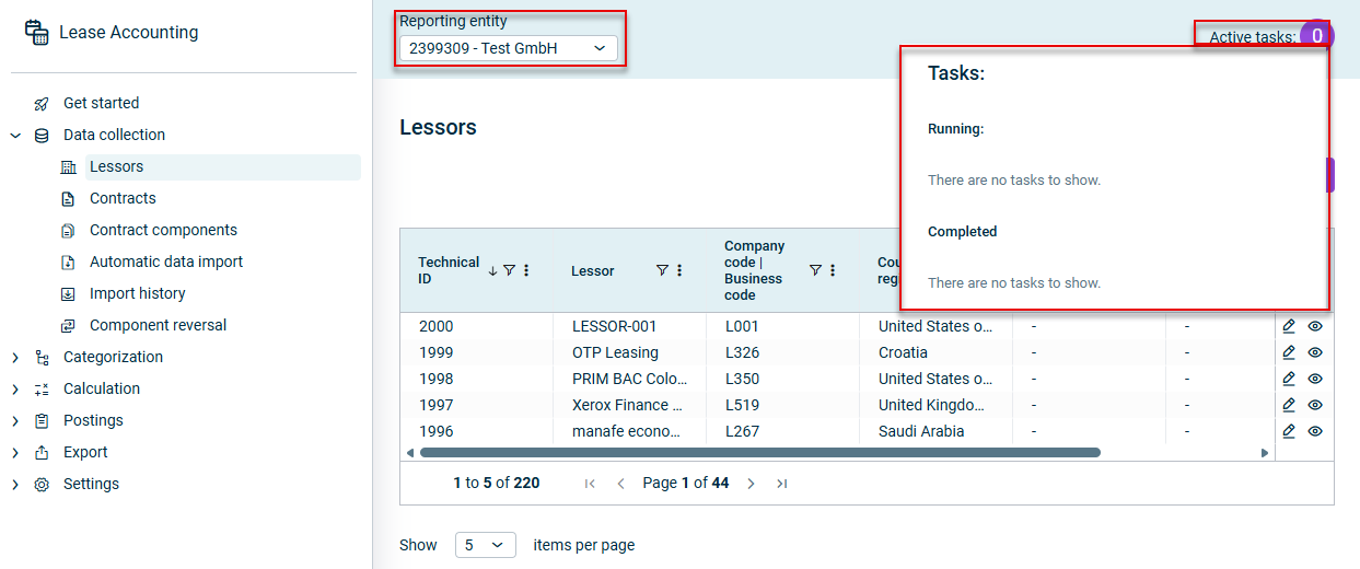 Displays the general functions for selecting the reporting entity and for displaying active tasks in the function bar at the top of the solution
