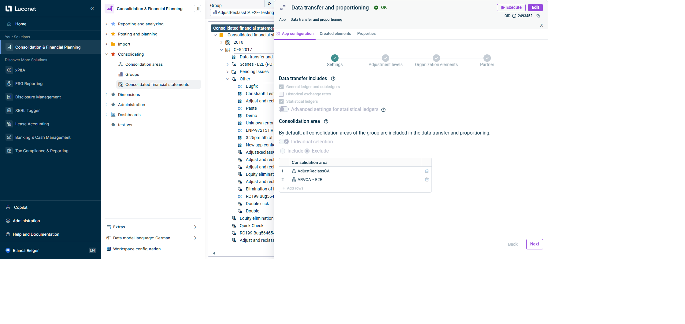 Shows the 'Settings' step of the app for data transfer and proportioning. The 'Data transfer includes' section shows the check boxes for 'General ledger and subledgers', 'Historical exchange rates', and 'Statistical ledgers'.