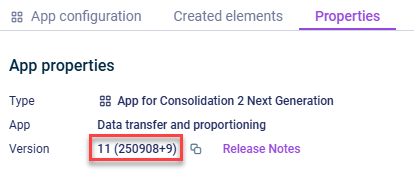 Shows the 'Properties' tab of a consolidation app. Highlighted is the section with the app version