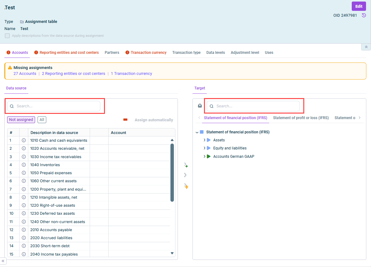Shows the search fields above the 'Data source' and 'Target' areas of an assignment table, both outlined in red.