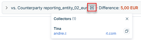 A dialog below the counterparty section header displays the names and e-mail addresses of the collectors assigned to the counterparty.