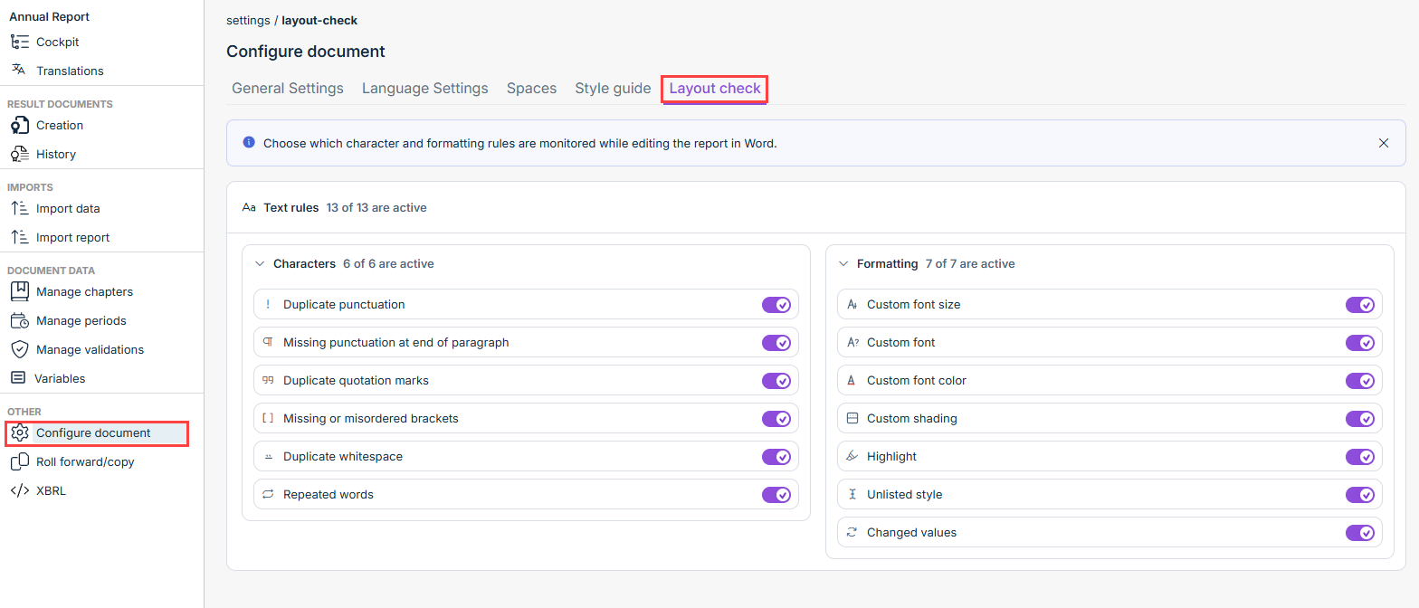 Shows the 'Layout check' tab in the 'Configure document' workspace with the rule groups 'Characters' and 'Formatting' in Disclosure Management.
