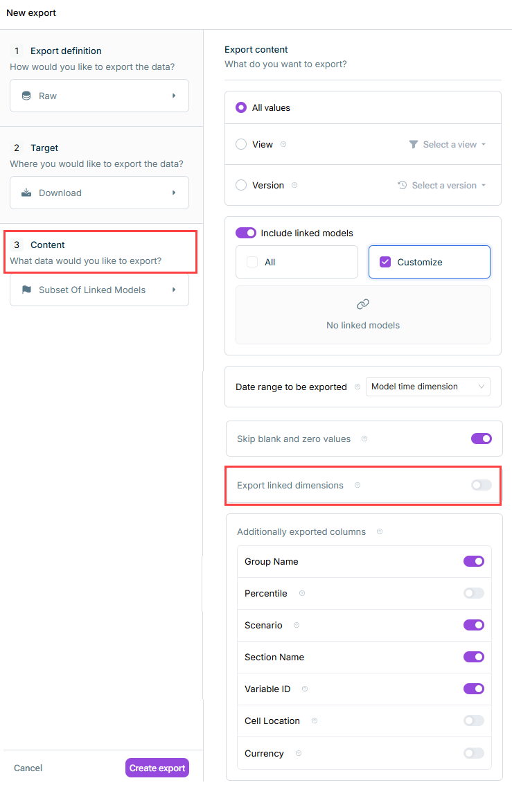 Shows the 'Content' page of the export dialog with the new 'Export linked dimensions' option highlighted.