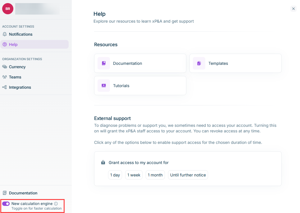 Shows the xP&A settings panel with the 'New calculation engine' toggle enabled at the bottom of the sidebar.