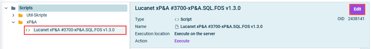 Shows the detail view of the xP&A to CFP import script. Highlighted in red is the 'Edit' button
