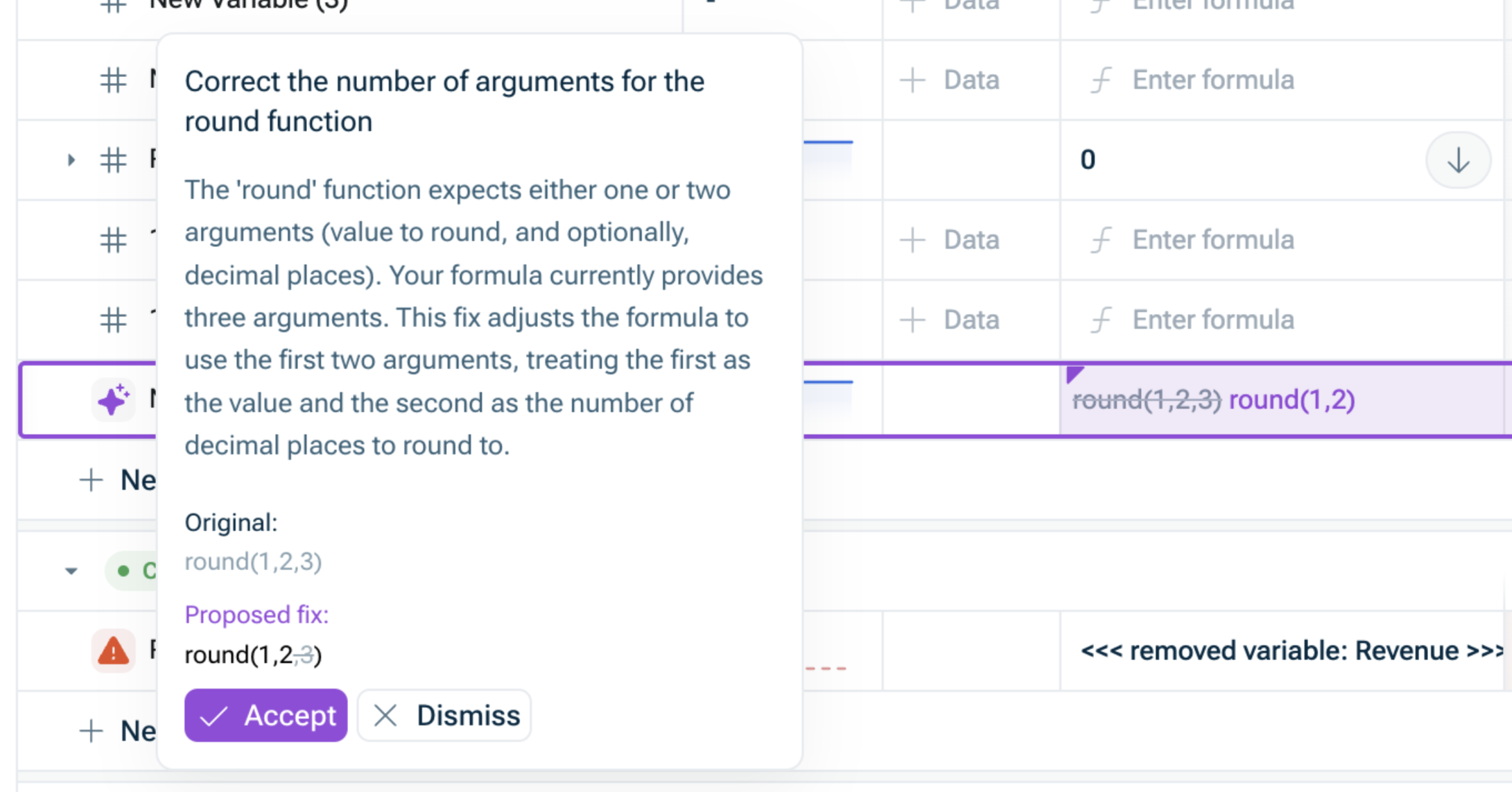 Shows a dialog that appears with the AI's explanation of the error fixing. The section highlighted in purple is the suggested correction in the model itself.