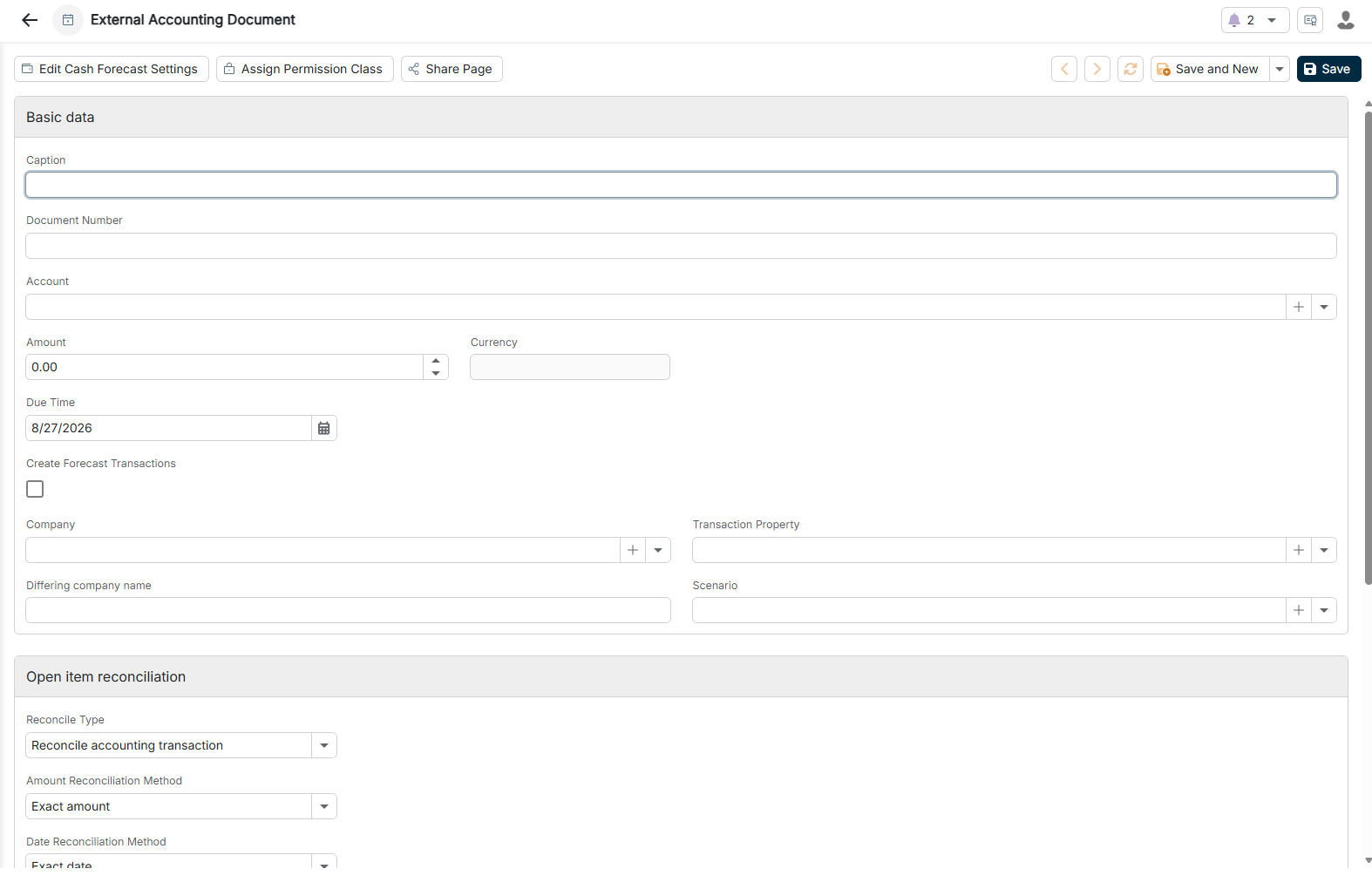 The configuration options for an external accounting document are displayed.
