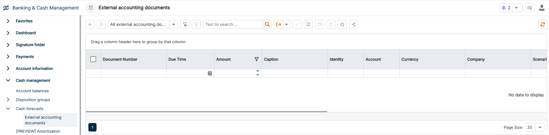 The External accounting documents workspace is highlighted in the menu navigation.