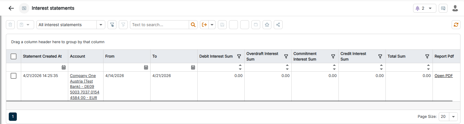 The Interest statements workspace is displayed.