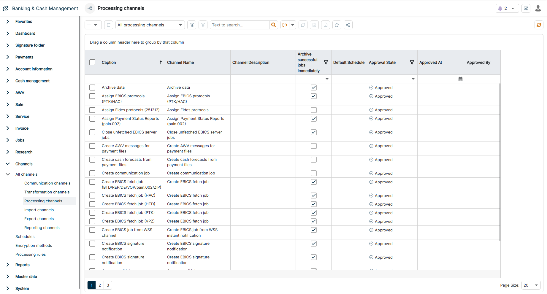 The Processing channels workspace is highlighted in the menu navigation.