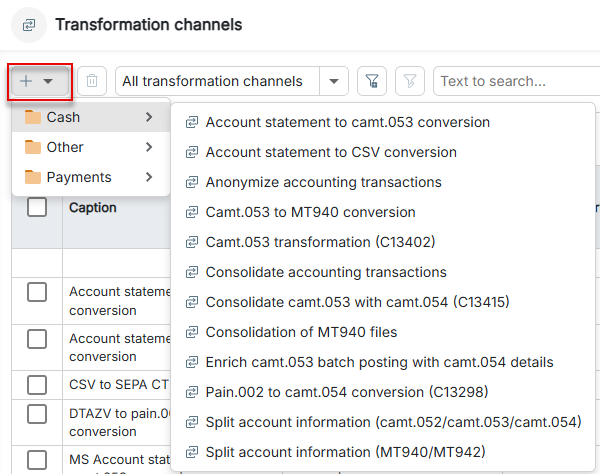 The **Plus** icon for creating a transformation channel is displayed.