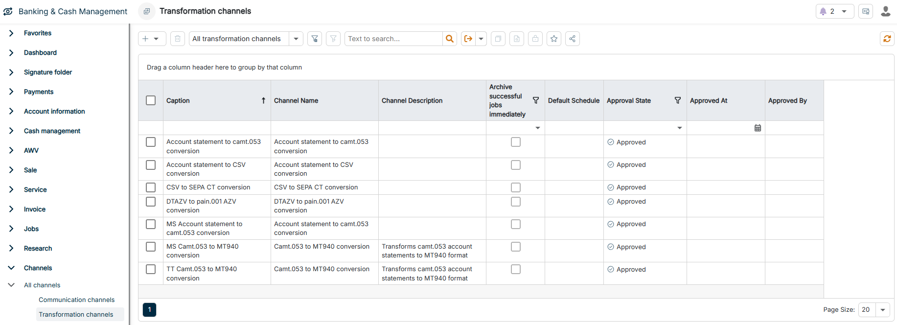 The Transformation channels workspace is highlighted in the menu navigation.