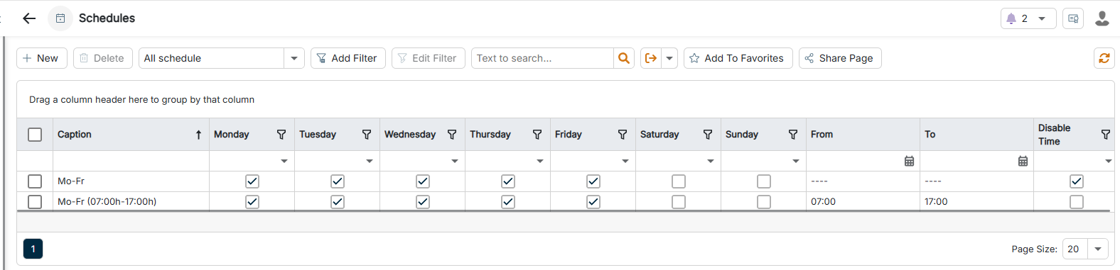 The Schedules workspace is highlighted in the menu navigation.