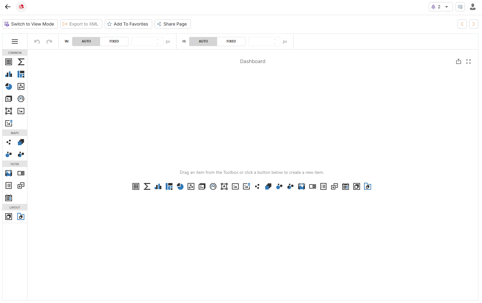 The design mode of a dashboard is displayed.