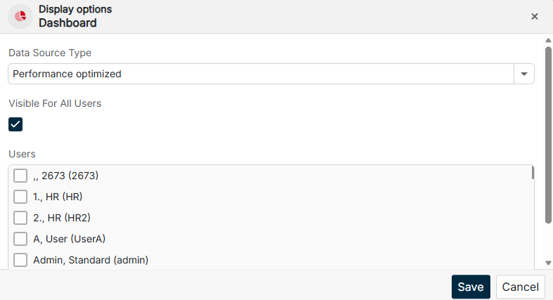 The Display options dialog with the data source, the check box Visible For All Users, and the user list is displayed.