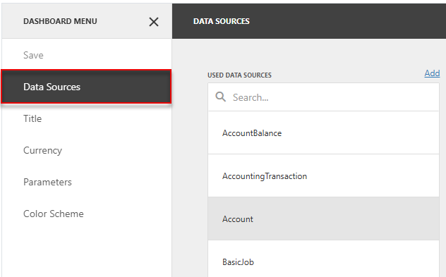 The dashboard menu with the open Data Sources area is displayed.