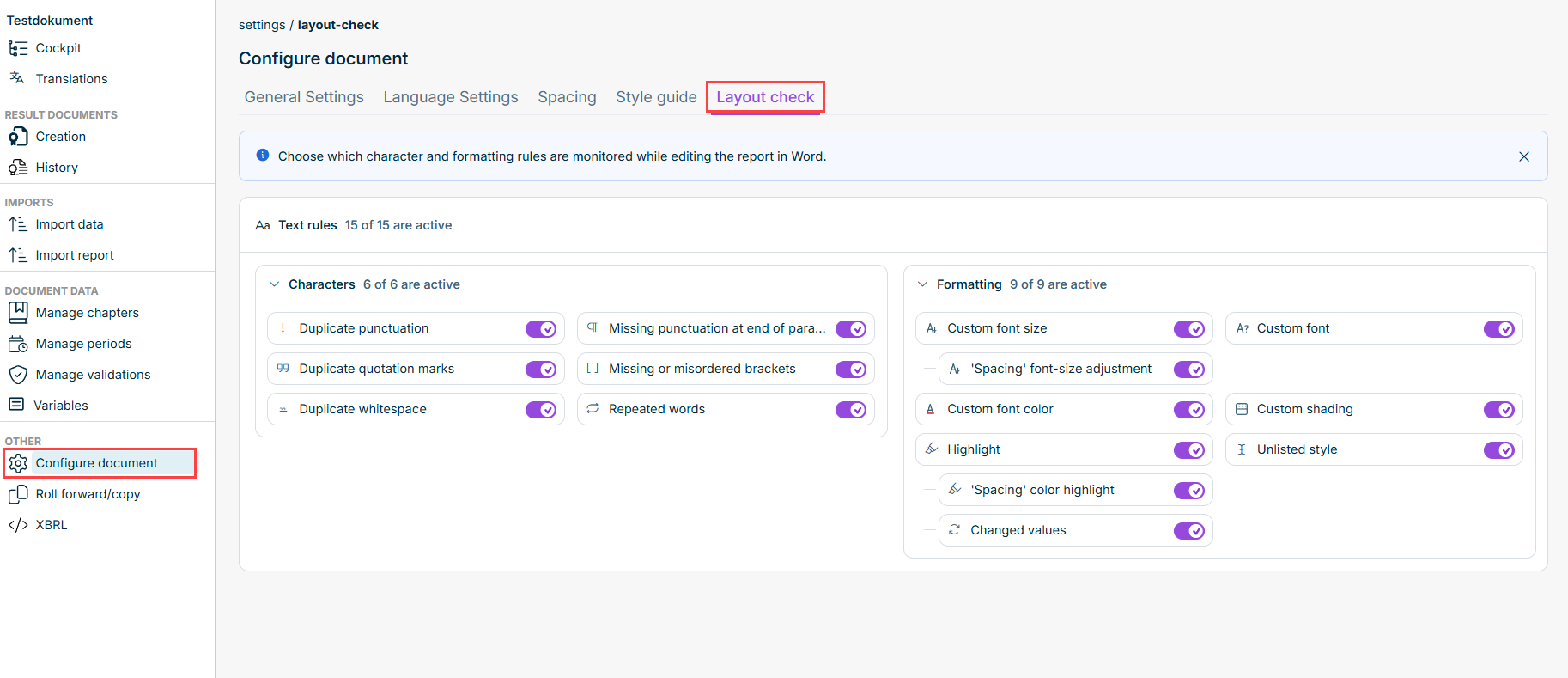 The 'Layout check' tab in the 'Configure document' workspace