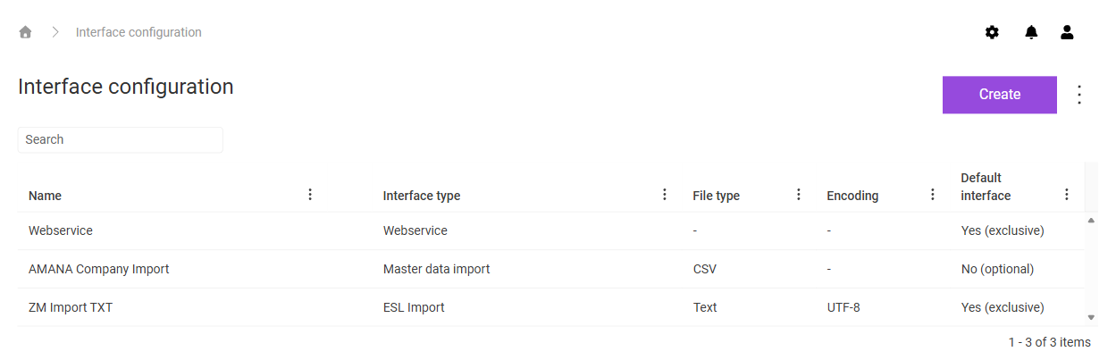 Shows the 'Interface configuration' workspace in VAT with the 'Search' field, the 'Create' button, the three-dot icon, and the columns 'Name', 'Interface type', 'File type', 'Encoding', and 'Default interface', for example with the interface 'Webservice' of the interface type 'Webservice' and the value 'Yes (exclusive)' in the 'Default interface' column.
