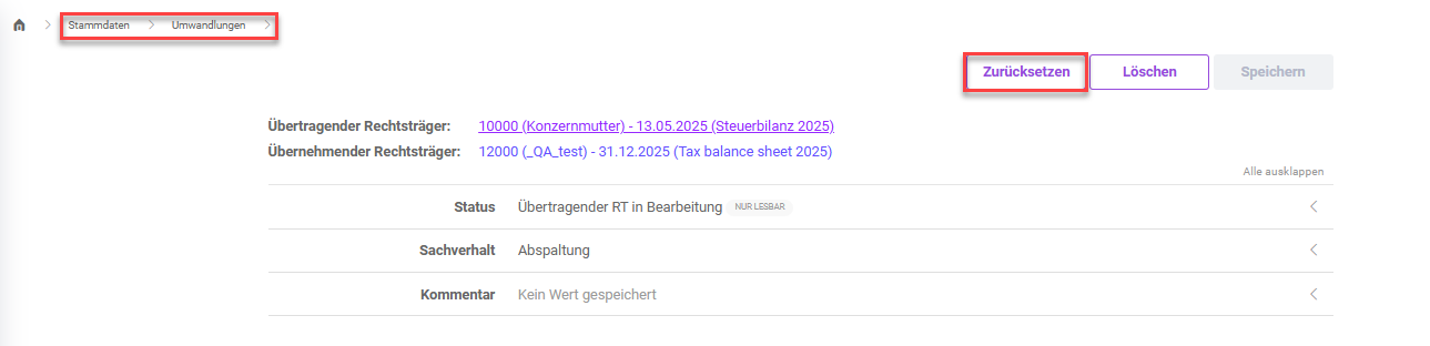 Zeigt die Details einer Umwandlung in den Stammdaten. hervorgehoben ist der Navigationspfad und der Befehl 'Zurücksetzen'