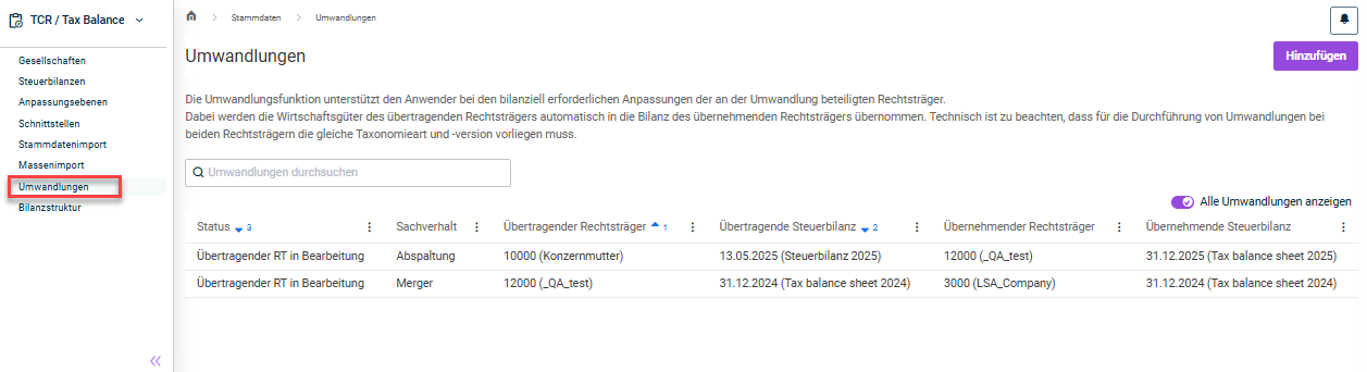 Arbeitsbereich 'Umwandlungen'