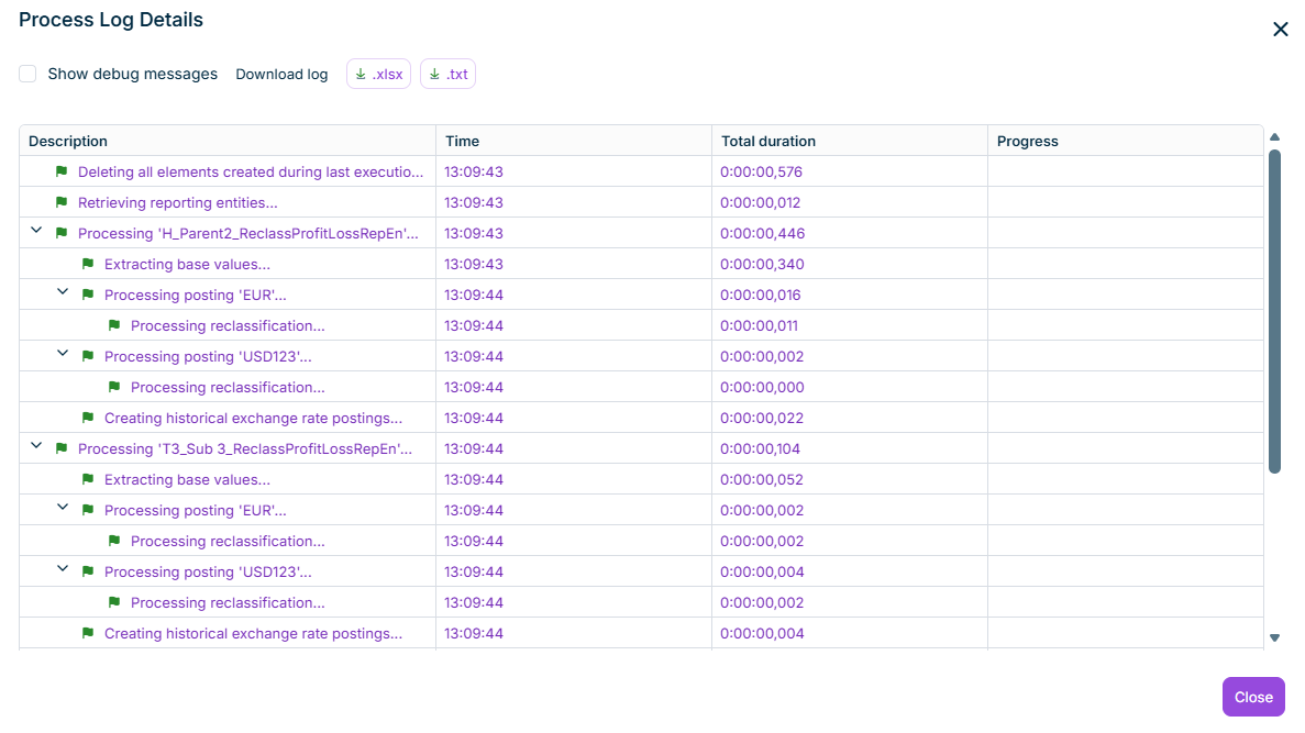 Shows the process log viewer with the default columns.