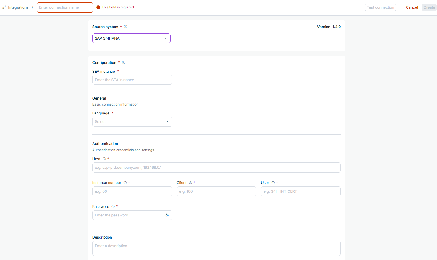 Shows the connection settings of an SAP S/4HANA connection in Data Hub, with the connection template 'Version: 1.4.0' in the 'Source system' area, the 'SEA instance' field in the 'Configuration' area, the 'Language' field in the 'General' area, the 'Host', 'Instance number', 'Client', 'User', and 'Password' fields in the 'Authentication' area, and the 'Description' field.