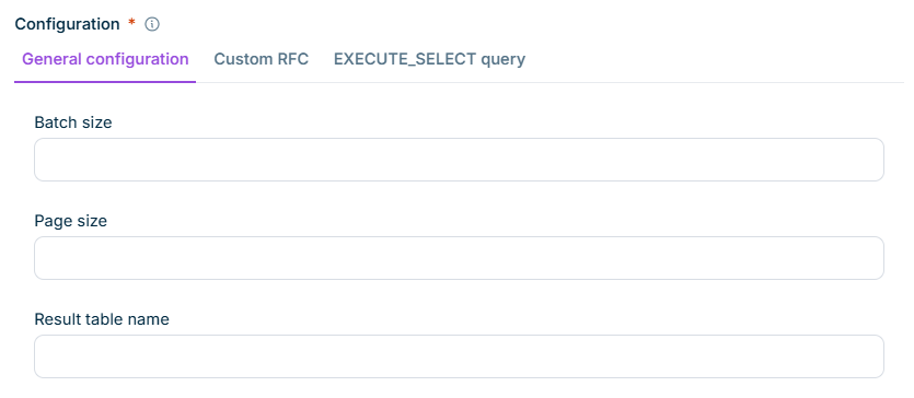 Shows the 'Configuration' area of an SAP S/4HANA source dataset in Data Hub with the tabs 'General configuration', 'Custom RFC', and 'EXECUTE_SELECT query', and the 'Batch size', 'Page size', and 'Result table name' fields of the selected 'General configuration' tab.