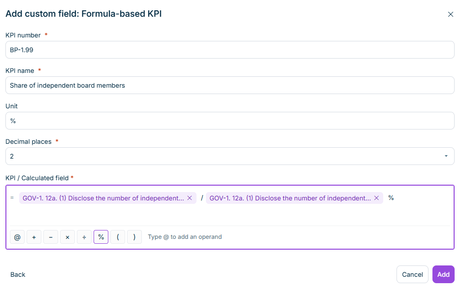 The formula editor of a formula-based KPI, with two operands joined by a division operator and followed by the percentage operator.