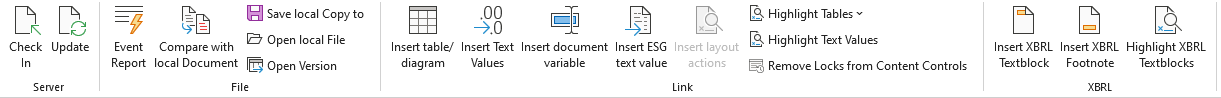 Shows the 'Disclosure Management' ribbon in MS Word with the groups 'Server', 'File', 'Link' and 'XBRL'.