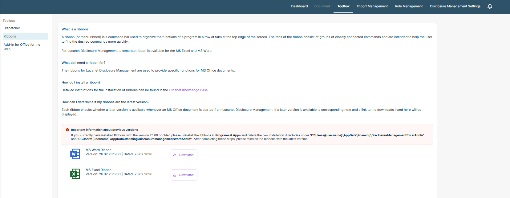 Shows the 'Ribbons' area of the 'Toolbox' in Disclosure Management with explanations of the ribbons, the note 'Important information about previous versions' and the 'Download' buttons for the 'MS Word Ribbon' and the 'MS Excel Ribbon'.