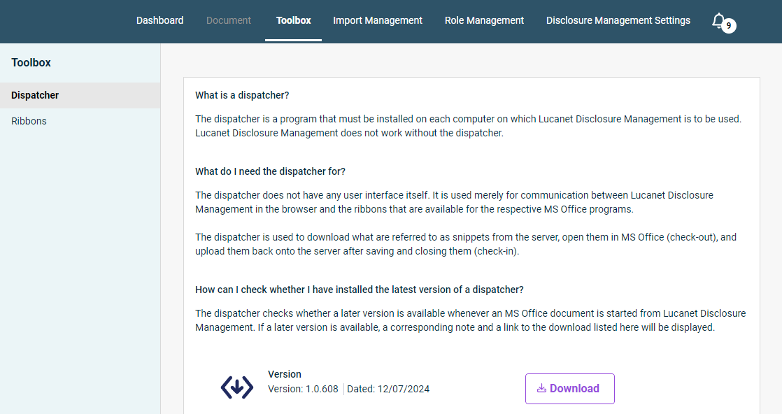 Shows the 'Dispatcher' area of the 'Toolbox' in Disclosure Management with explanations of the Dispatcher, the current version and the 'Download' button.