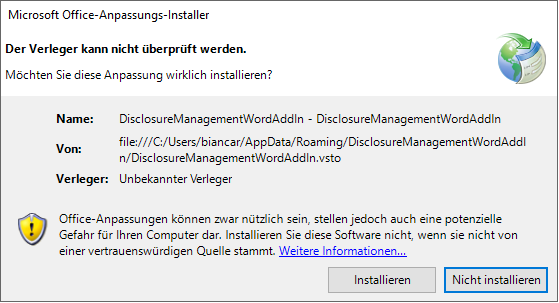 Shows the security prompt 'Microsoft Office-Anpassungs-Installer' for the Word ribbon of Disclosure Management with the message 'Der Verleger kann nicht überprüft werden.' and the buttons 'Installieren' and 'Nicht installieren'.