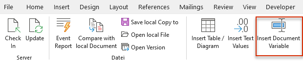 Shows the Word ribbon for Disclosure Management in Office for Desktop with the areas 'Server' and 'Datei'. Highlighted in red is the 'Insert Document Variable' button.