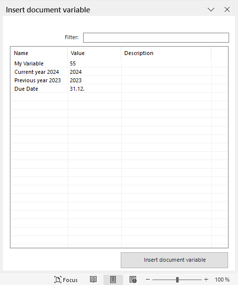 Shows the 'Insert document variable' dialog of Disclosure Management in MS Word with the field 'Filter', a list with the columns 'Name', 'Value' and 'Description' and the variables 'My Variable', 'Current year 2024', 'Previous year 2023' and 'Due Date', and the 'Insert document variable' button.