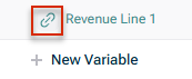 Shows the link icon next to the imported variable 'Revenue Line 1' in xP&A, used to open the model in which the variable is defined.