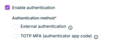 Activated 'Enable authentication' check box with the 'External authentication' and 'TOTP MFA (authenticator app code)' methods below it.