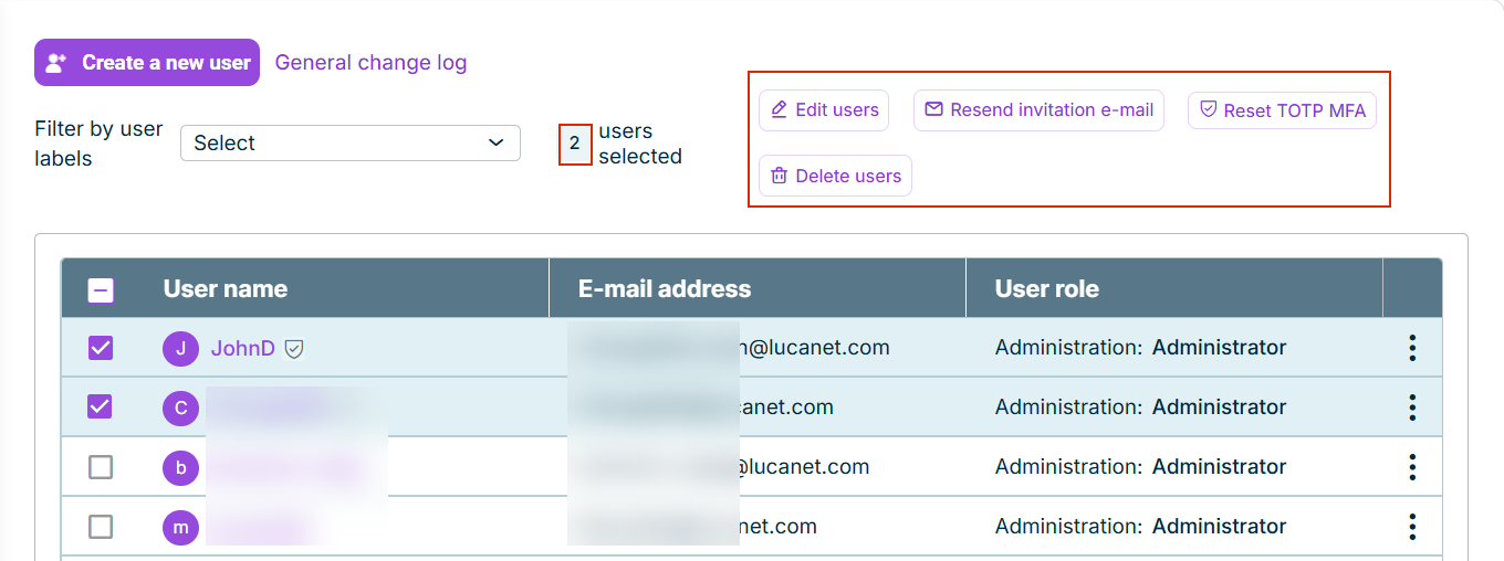 The list of users with two users selected. Above the list, the number of selected users and the buttons 'Edit users', 'Resend invitation e-mail', 'Reset TOTP MFA', and 'Delete users' are outlined.