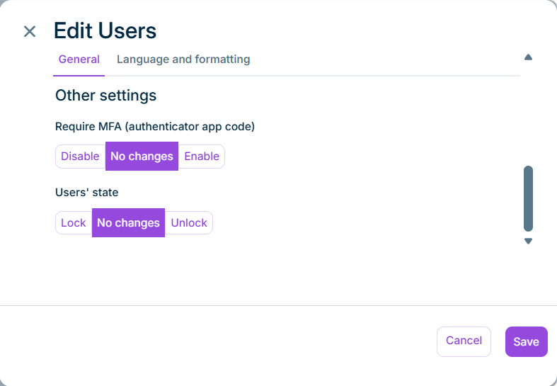 Dialog 'Edit Users' with the 'Other settings' area. It contains the settings 'Require MFA (authenticator app code)' and ‘Users' state’, both set to 'No changes'.